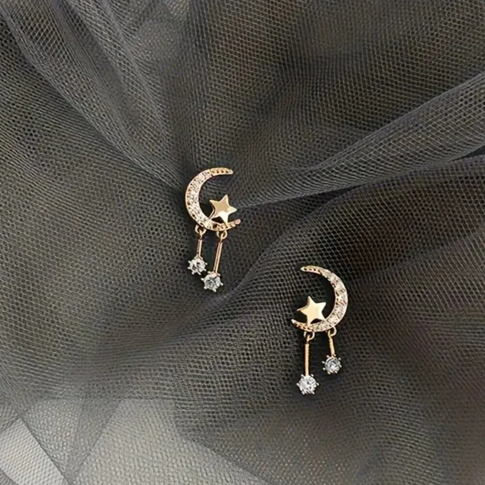NEW Crescent moon and star earrings, celestial jewelry gold moon dangle earrings